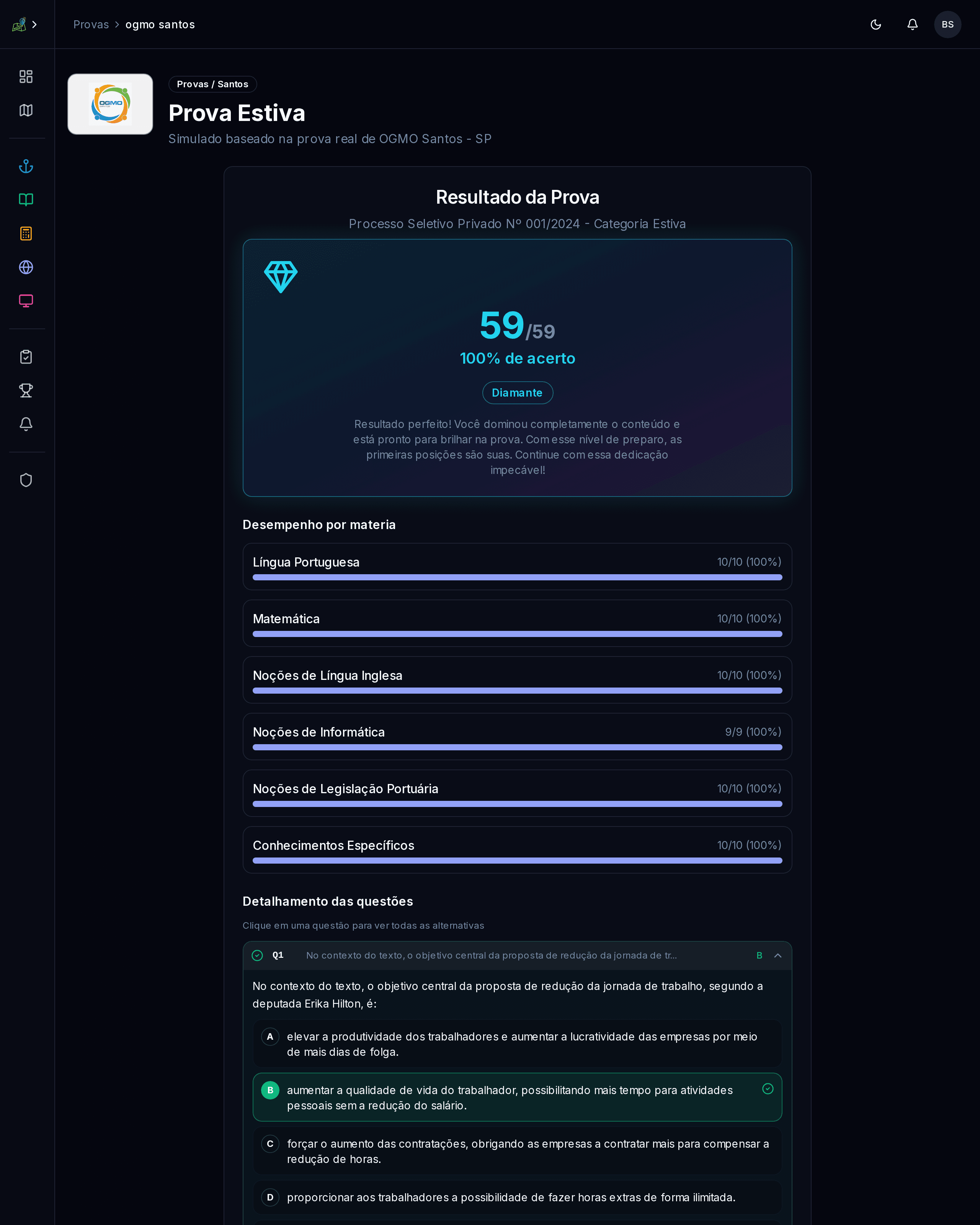 Resultado da prova real com 59/59 acertos — 100% de acerto, classificação Diamante, com desempenho por matéria e explicação questão a questão