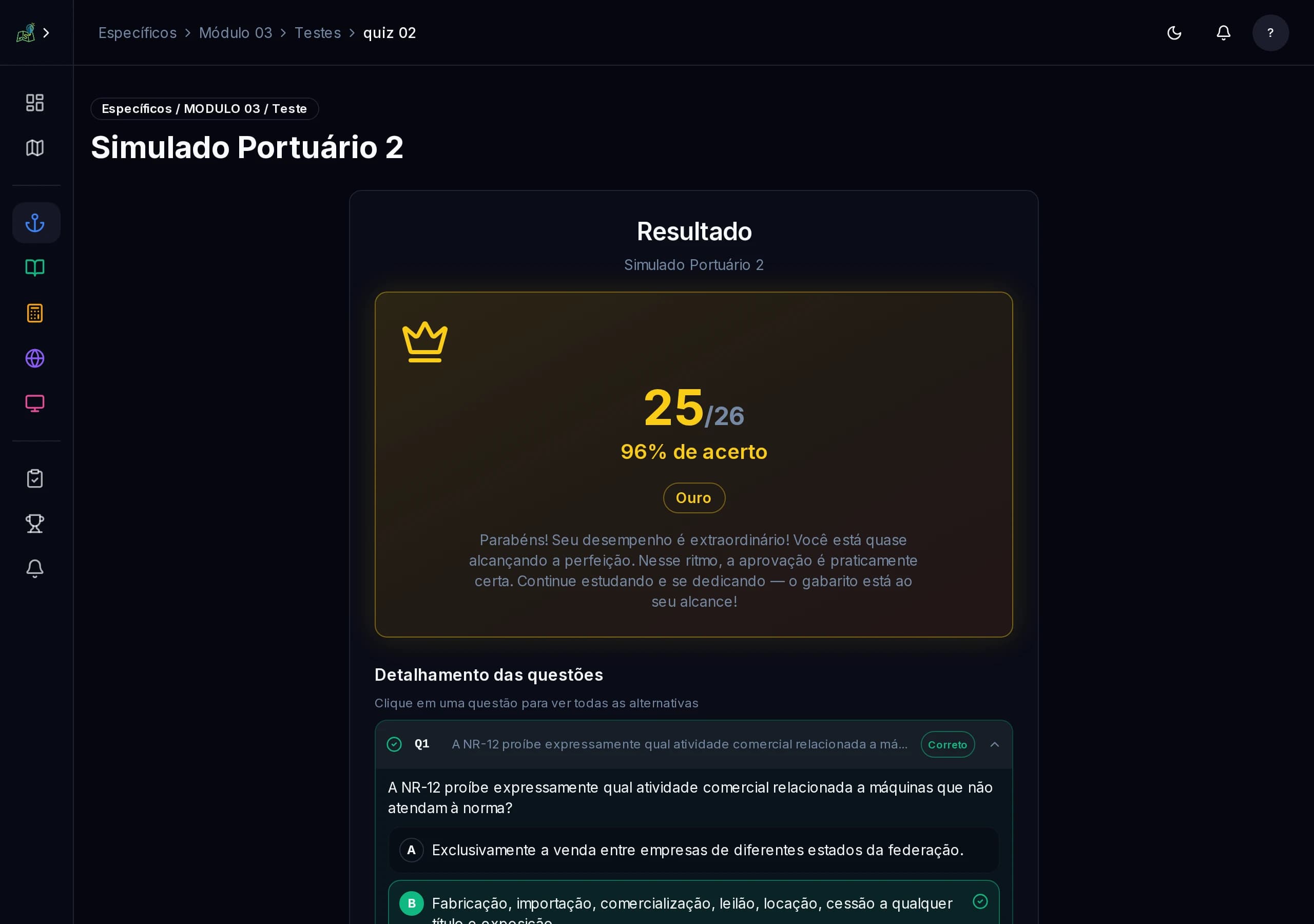 Resultado do teste com 25/26 acertos — 96% de acerto, classificação Ouro, com detalhamento questão a questão e explicações completas