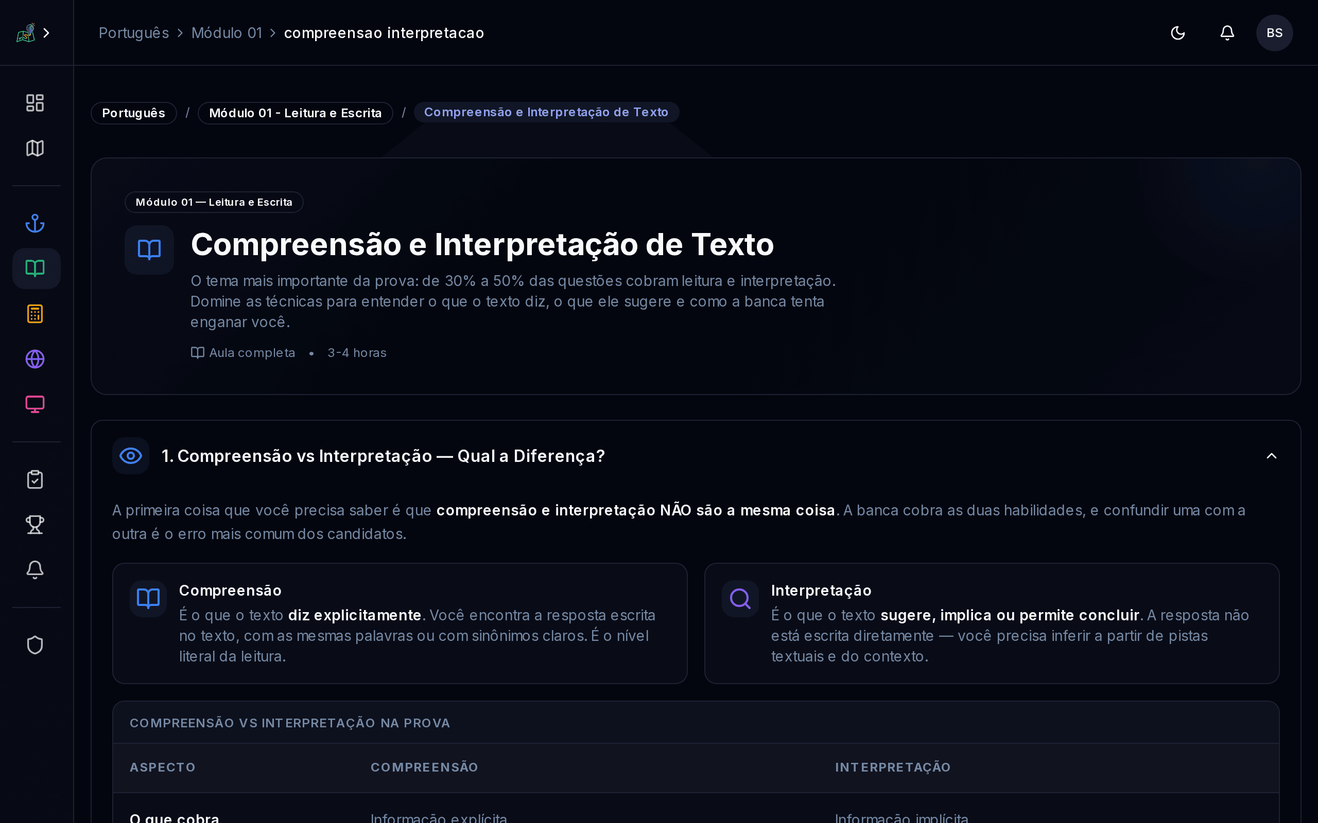 Aula interativa com componentes ricos de ensino