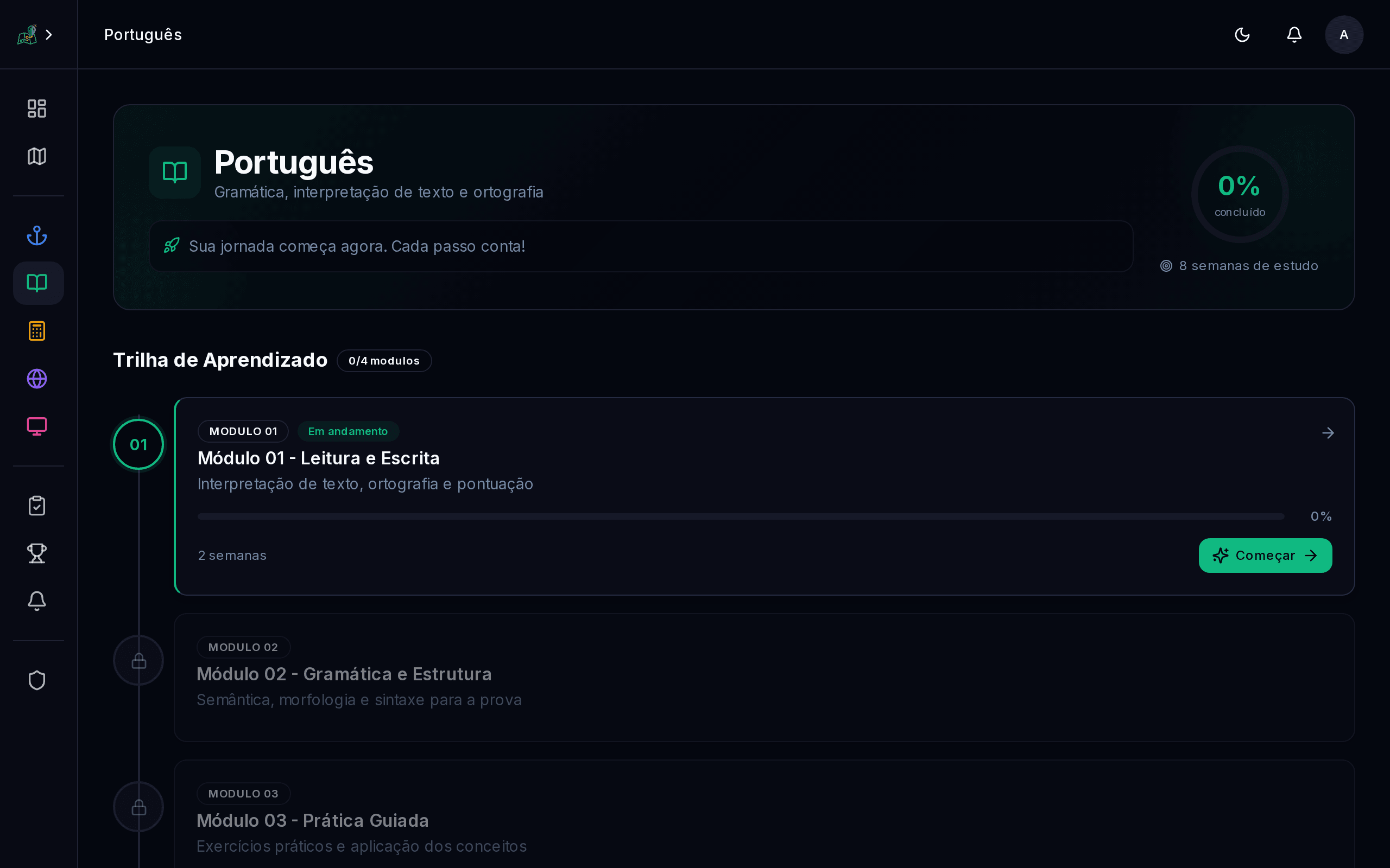 Página da matéria de Português com módulos e progresso