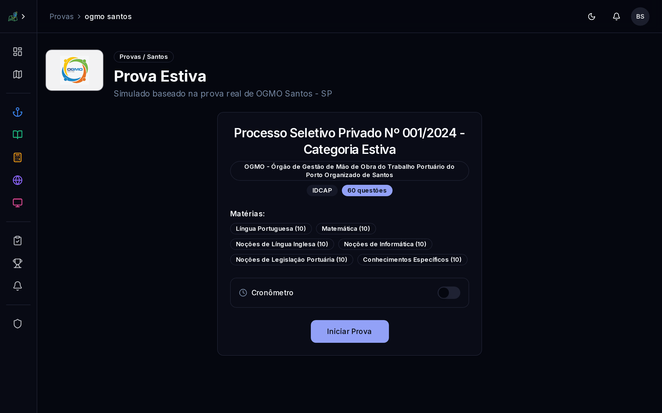 Simulado baseado na prova real de OGMO Santos — Processo Seletivo Privado Nº 001/2024 com 60 questões distribuídas por matéria