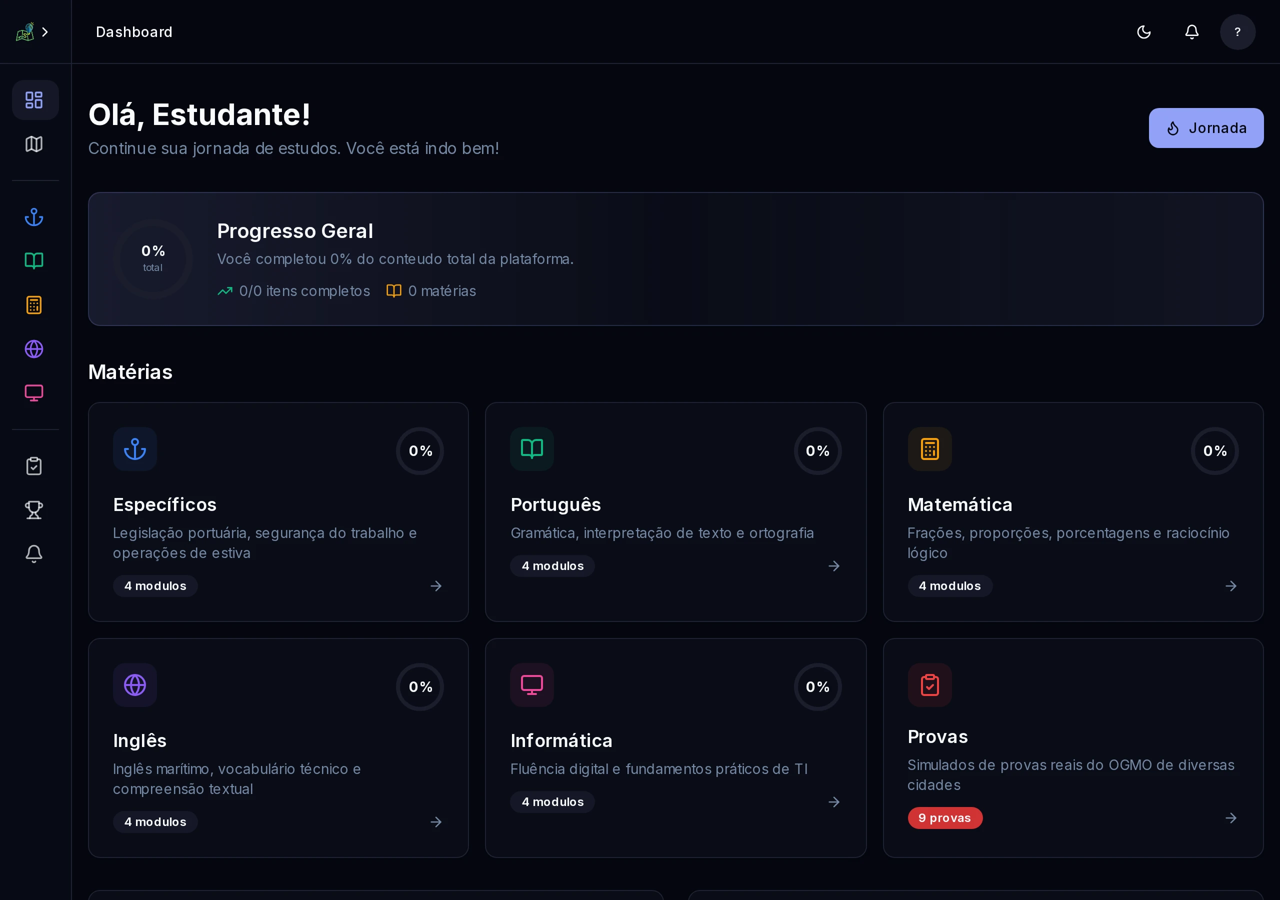 Dashboard no tema escuro — confortável para estudar à noite