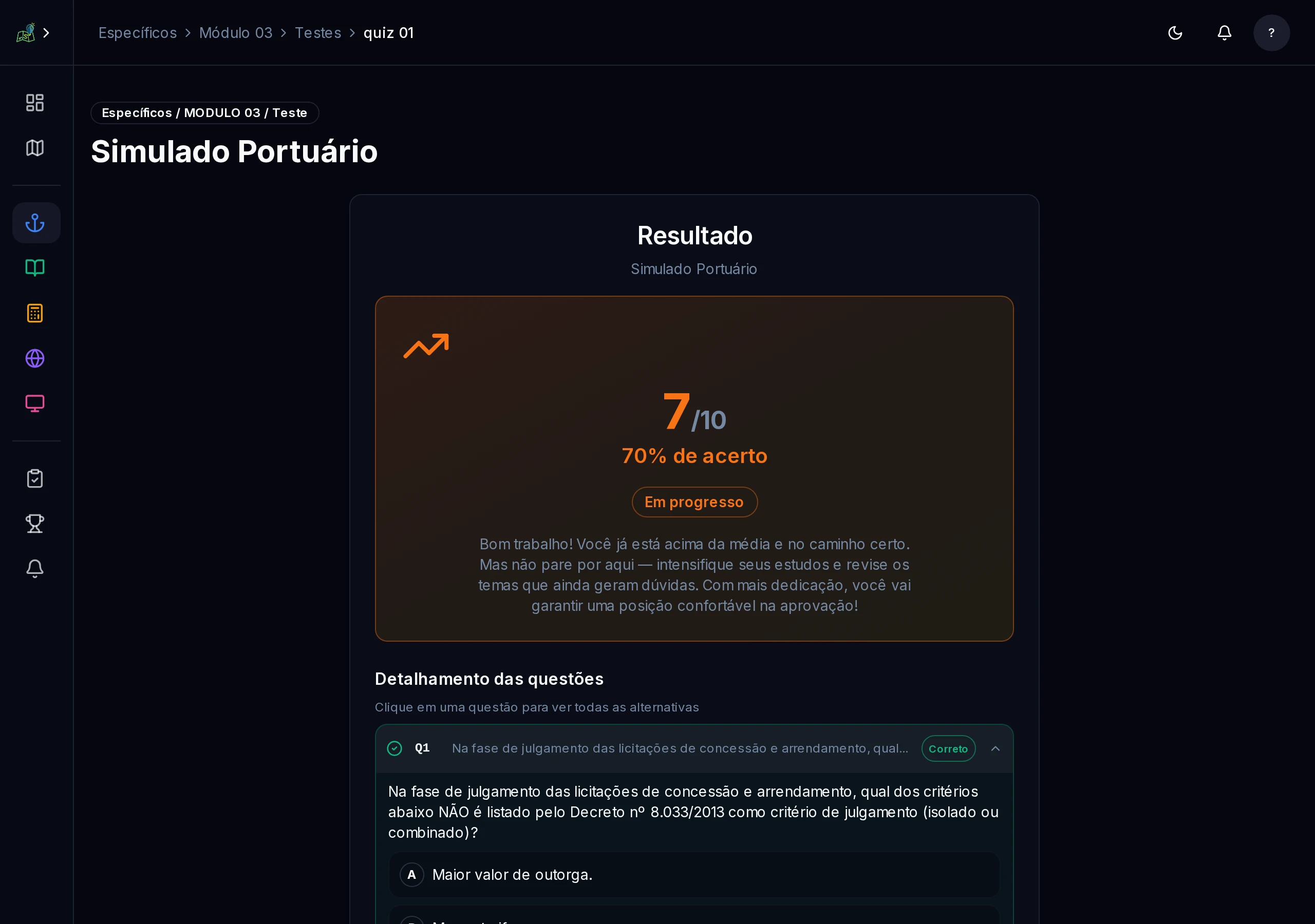 Resultado de teste com 70% de aproveitamento e explicação detalhada