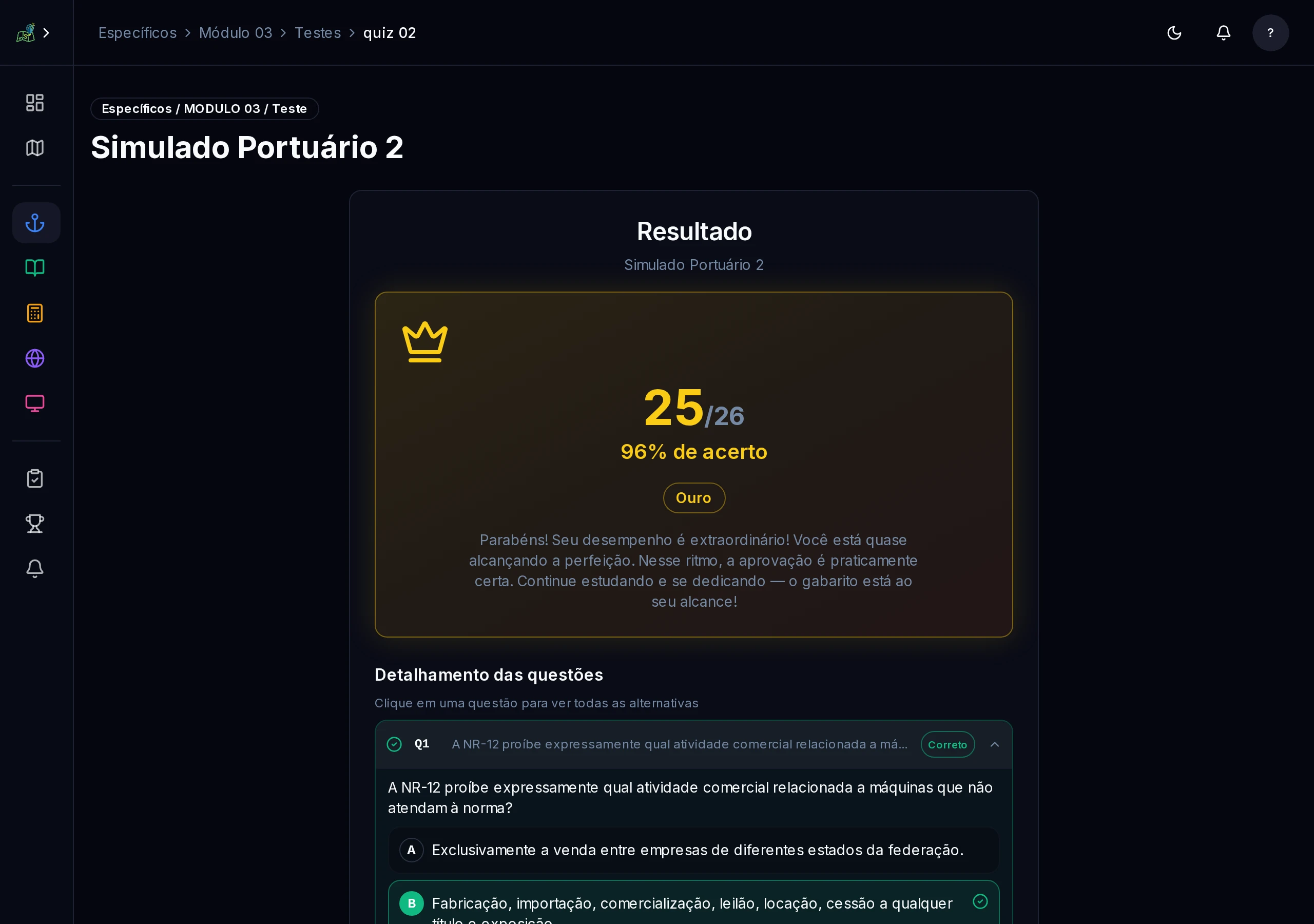 Resultado do teste com 25/26 acertos — 96% de acerto, classificação Ouro, com detalhamento questão a questão e explicações completas